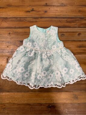 Just Lizzy Mint Green Embroidered Floral Lace Pearl Baby Dress 3/6M